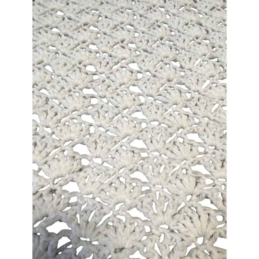 Crochet Lacy White Yarn Table Runner Tassel Fringe Boho Farmhouse Decor 60x23